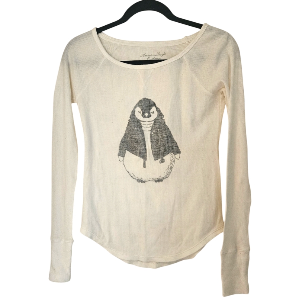 AMERICAN EAGLE Waffle Thermal Long Sleeve Penguin Graphic XS AE